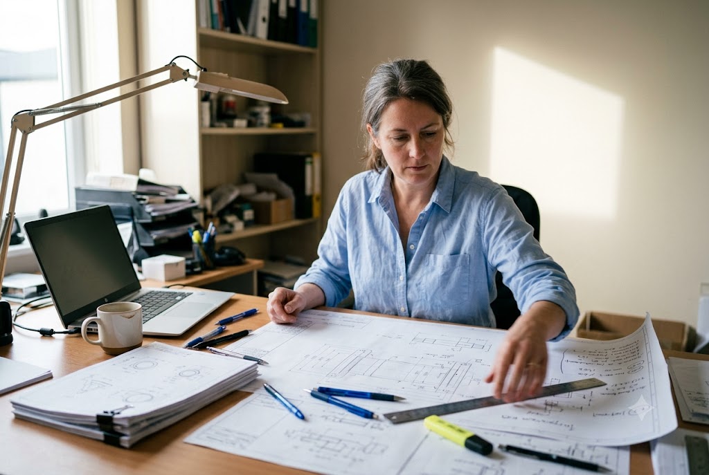 Purchasing manager reviewing custom mechanical part engineering drawings at desk (ID#1)
