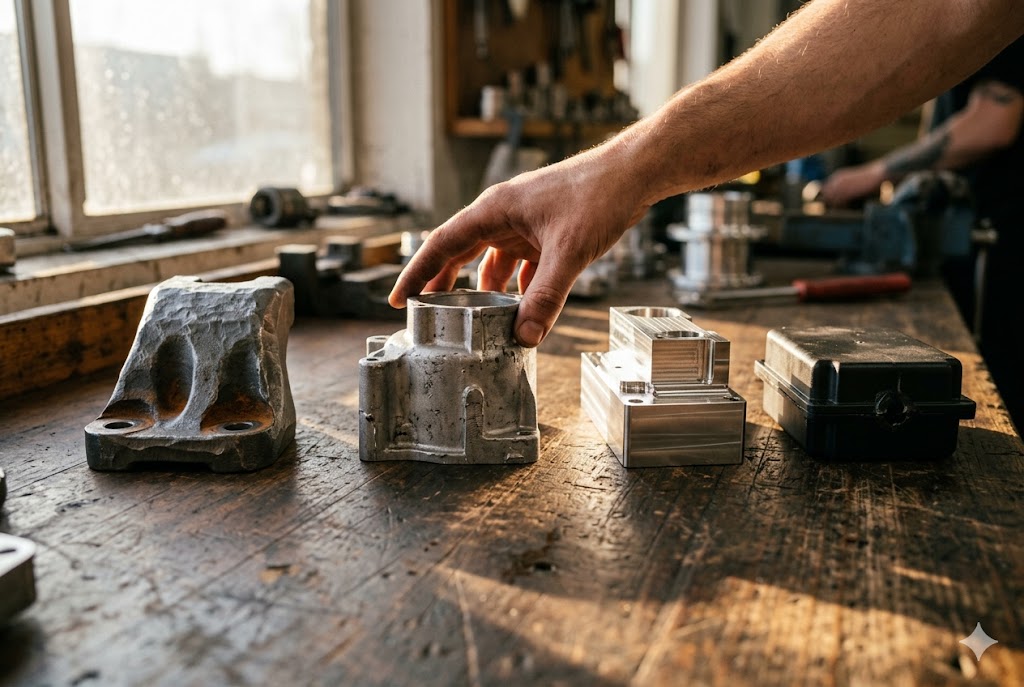 Engineer inspecting custom metal cast parts on workshop bench (ID#1)