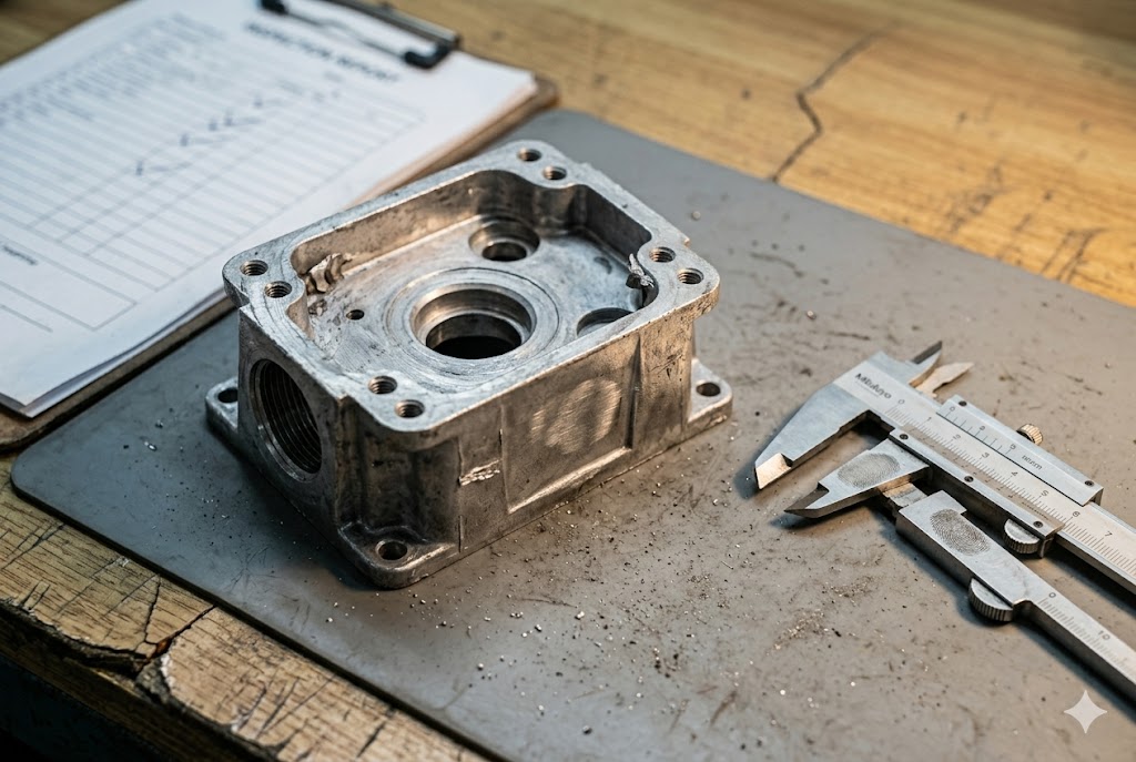 Custom aluminum mechanical housing inspected with Mitutoyo caliper quality control (ID#1)
