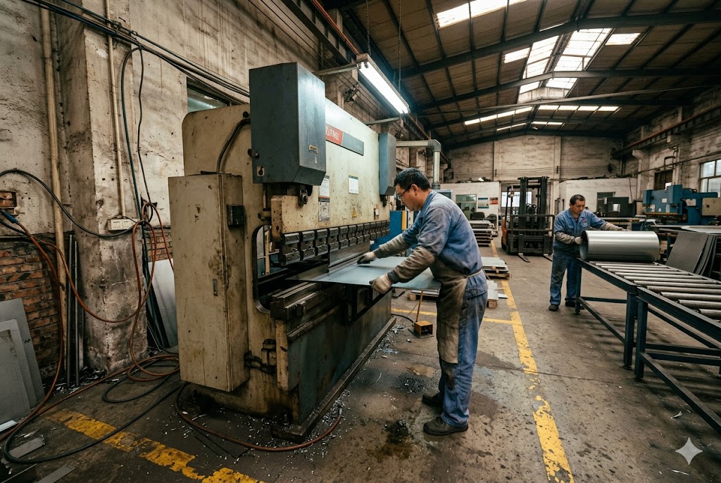 Workers operating press brake machine in custom mechanical parts factory (ID#1)