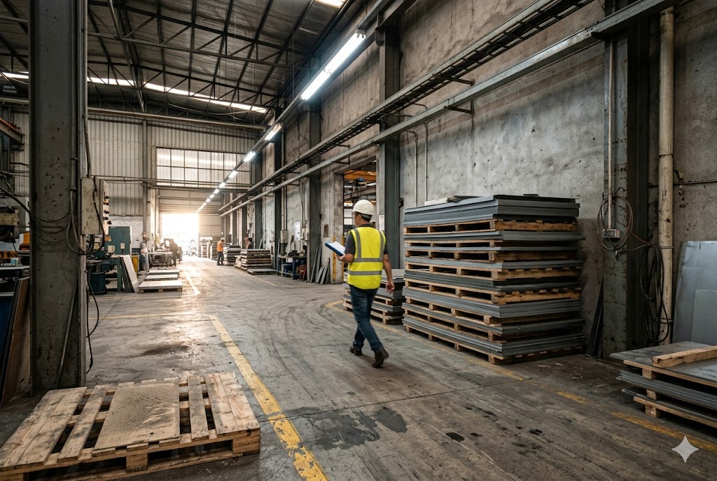 Quality inspector walking through large custom mechanical parts manufacturing facility (ID#1)