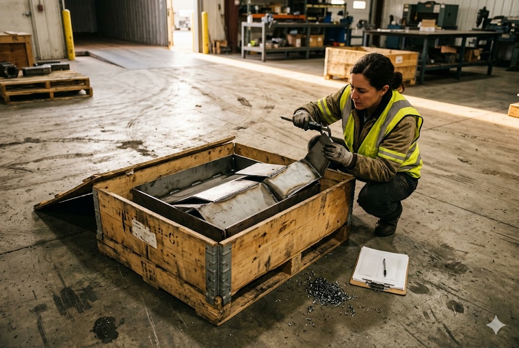 Inspector in safety vest examining custom mechanical parts in warehouse (ID#1)