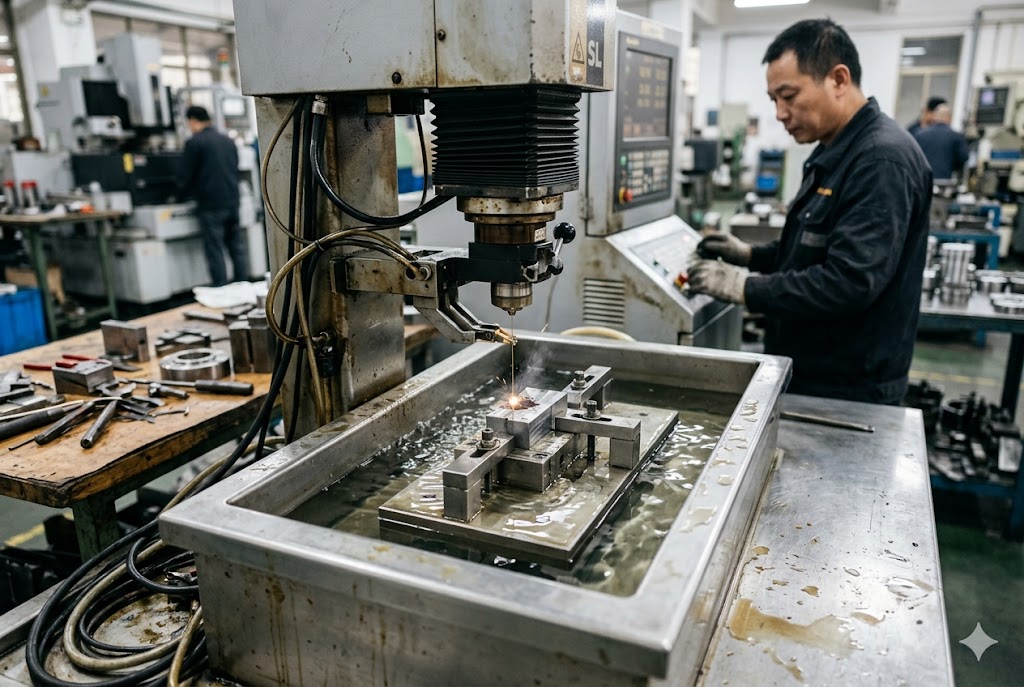 Wire EDM machine cutting steel part (ID#1)