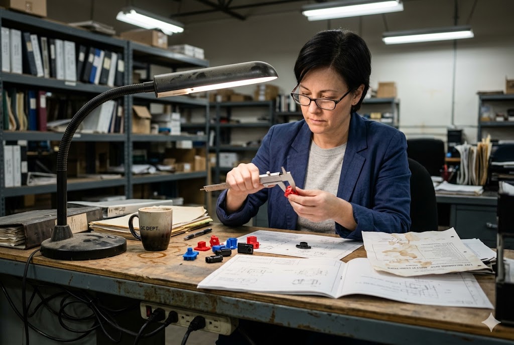 Purchasing manager inspecting custom mechanical parts with calipers and technical drawings (ID#1)