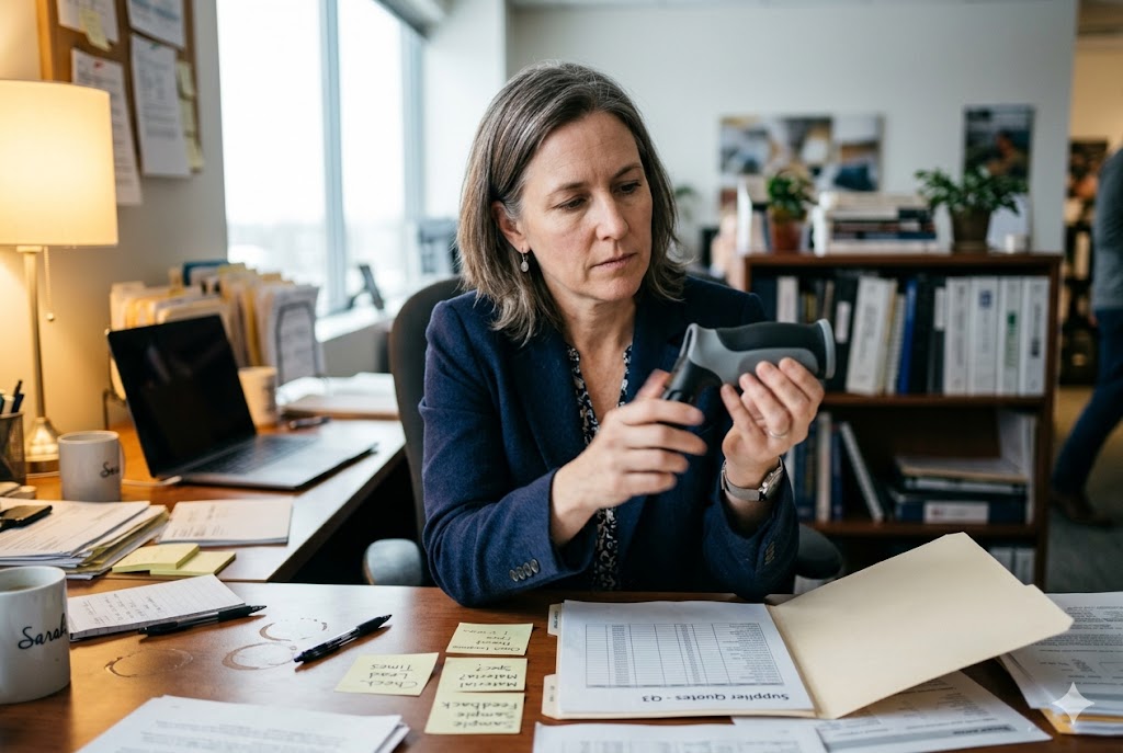 Purchasing manager reviewing custom mechanical part sample at desk (ID#1)