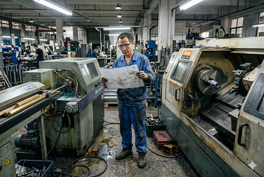 Chinese CNC workshop floor showing Swiss-type and conventional CNC lathes side by side (ID#1)