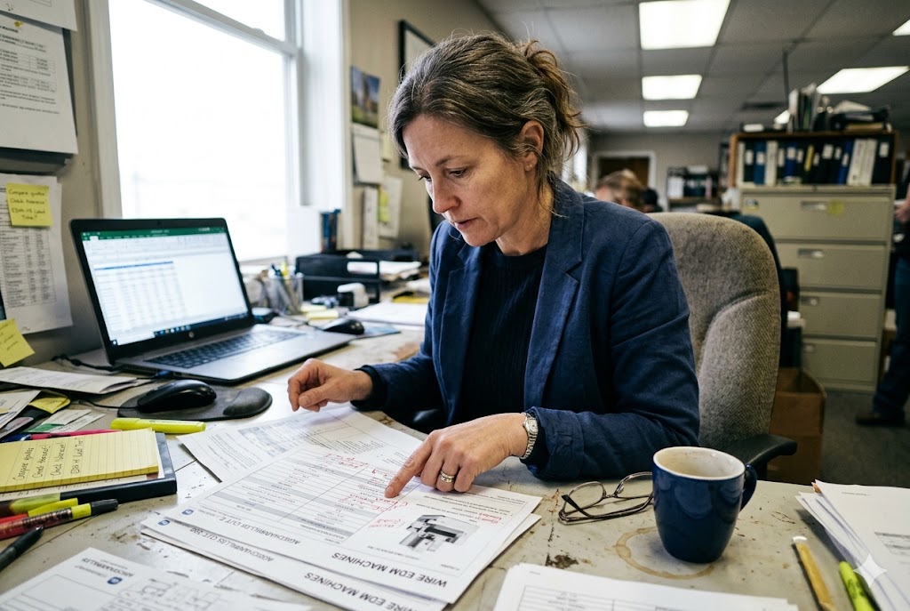 Purchasing manager reviewing custom mechanical parts technical documents at desk (ID#1)