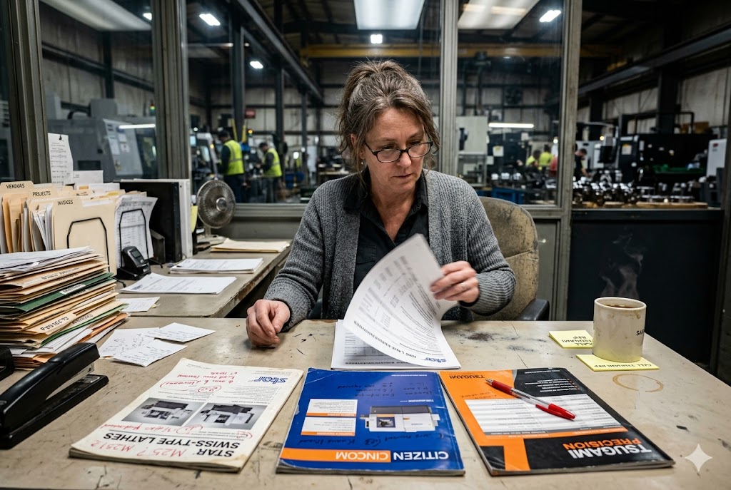 Purchasing manager reviewing custom mechanical parts documents at factory desk (ID#1)