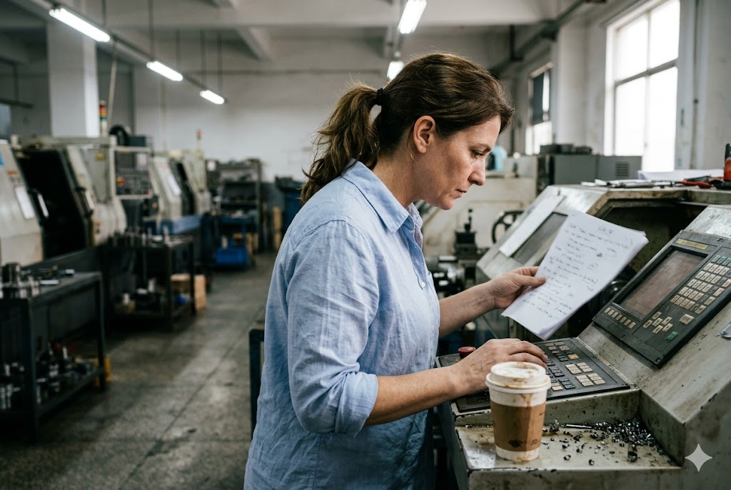 Engineer reviewing CNC machining specs at factory control panel (ID#1)