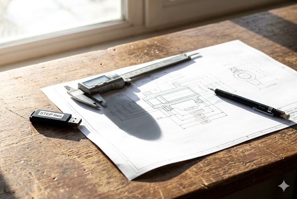 Engineering drawing with digital caliper and STEP files USB drive on desk (ID#1)