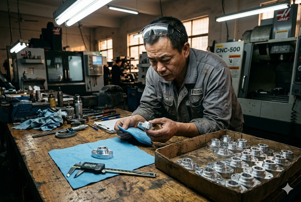 Technician inspecting custom CNC machined aluminum parts at workbench (ID#1)