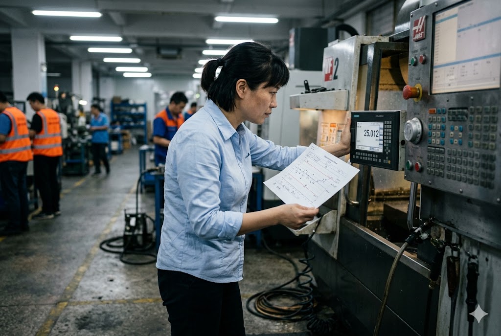 Quality engineer reviewing CNC machine specs on factory floor (ID#1)