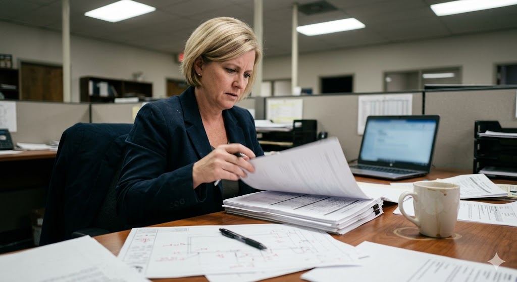 Purchasing manager reviewing custom mechanical parts drawings at office desk (ID#1)