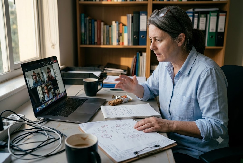 Remote Supplier Collaboration Purchasing manager video conferencing with China supplier team over mechanical drawings (ID#2)