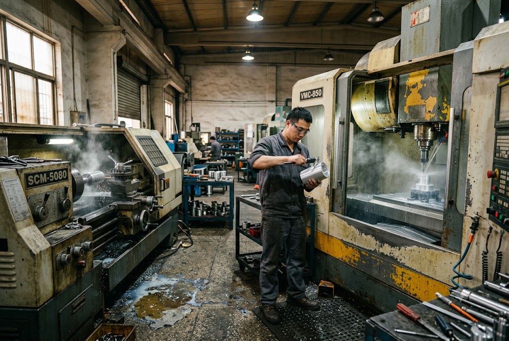 CNC Machining China Factory CNC machinist operating VMC-850 milling machine in Chinese factory (ID#2)