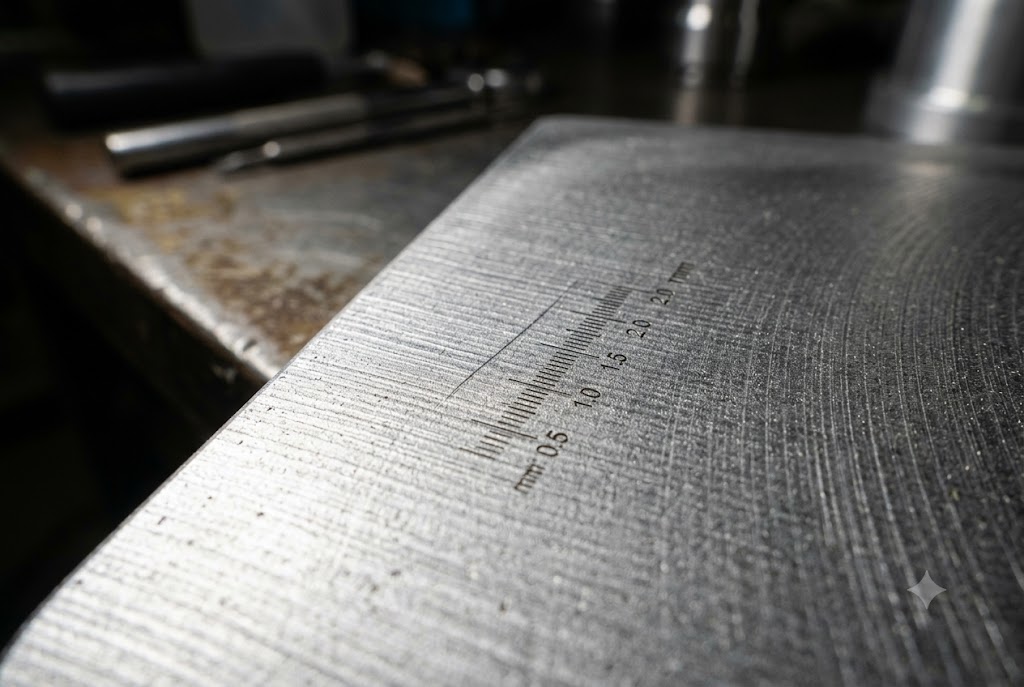 Precision Metal Surface Measurement Close-up of machined metal surface with precision millimeter scale markings (ID#2)