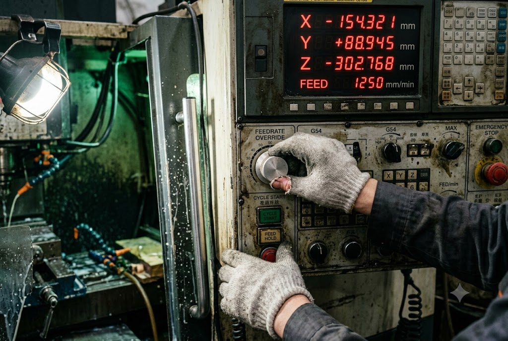 CNC Precision Machining Control Technician operating CNC machine control panel with live axis coordinates display (ID#2)