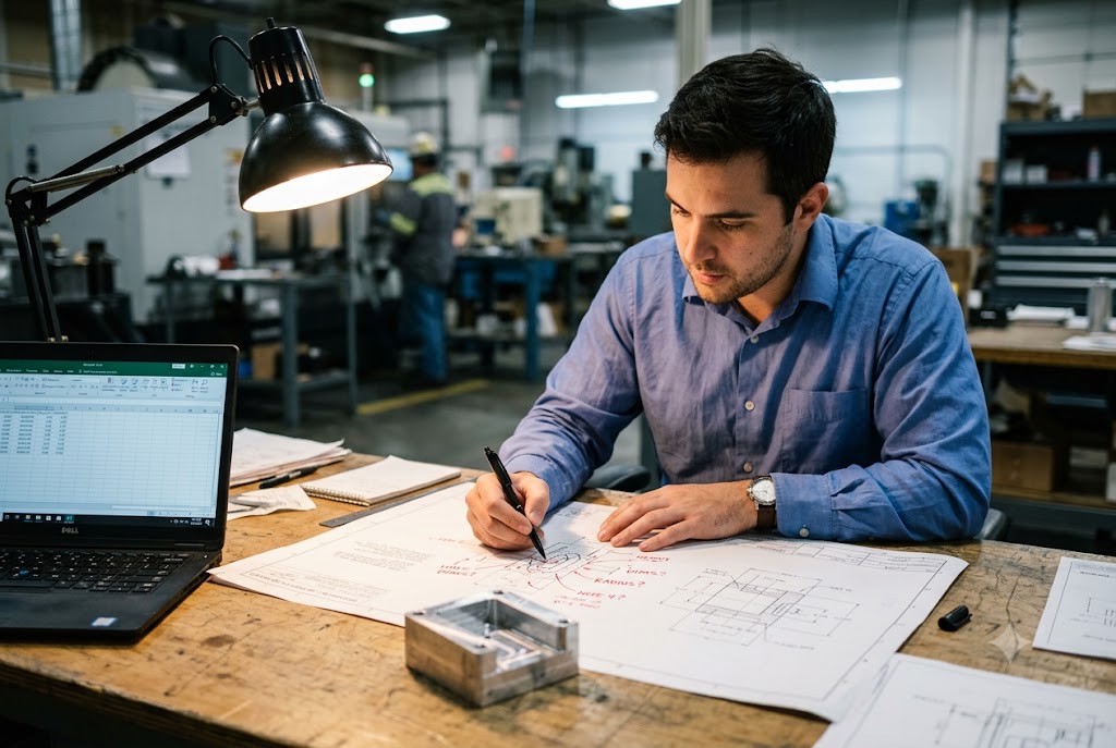 Custom Parts Engineering Engineer annotating custom mechanical part blueprint at factory workbench (ID#2)
