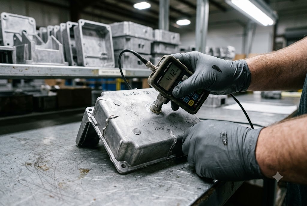 Precision Quality Inspection Quality inspector measuring custom aluminum casting with digital gauge in factory (ID#2)