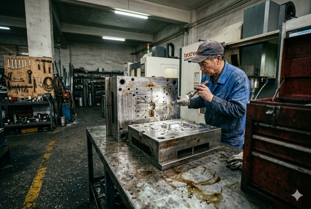China Mold Factory Expert Experienced technician inspecting precision injection mold in Chinese factory (ID#2)