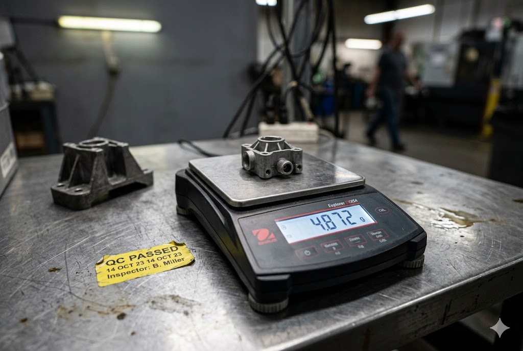 Quality Control Inspection QC-passed custom mechanical parts weighed on precision scale in factory (ID#2)