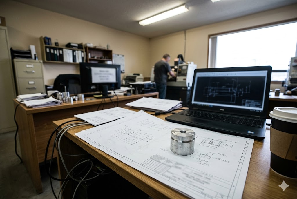 Custom Parts Engineering Mechanical engineering office with CNC part, blueprints, and CAD laptop (ID#2)