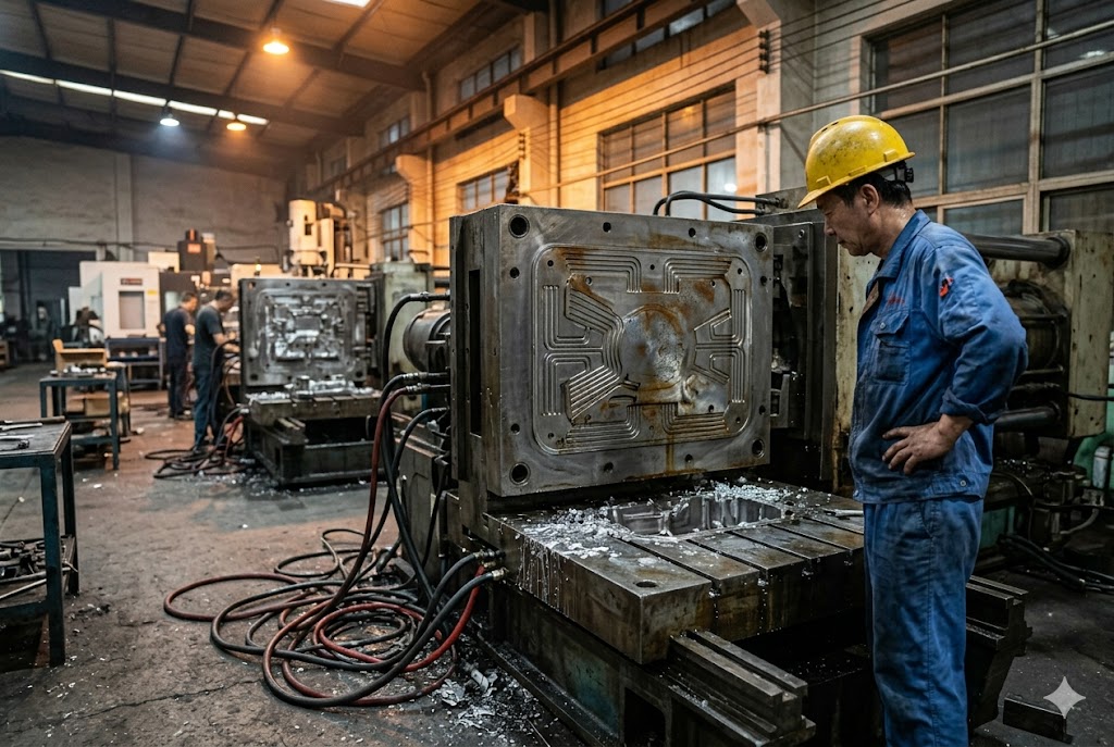 China Die Casting Factory Worker operating die casting mold machine at China custom parts factory (ID#2)