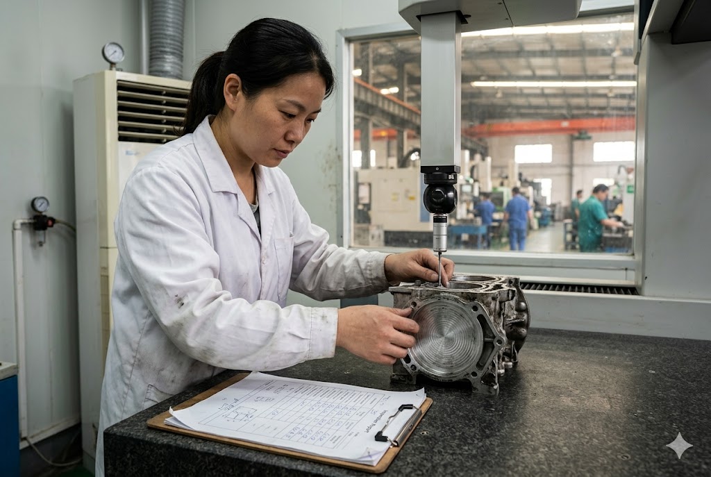 Precision Quality Control China QC technician measuring custom mechanical part dimensions with precision CMM tool (ID#2)