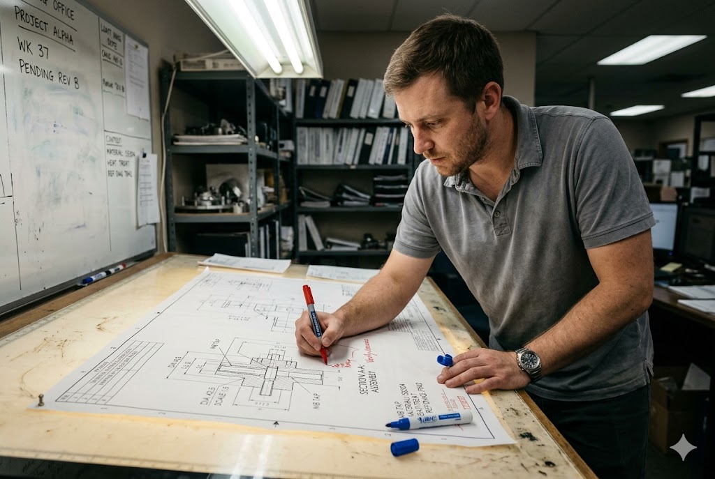 Mechanical Parts Engineering Review Engineer reviewing and annotating custom mechanical parts technical drawing (ID#2)