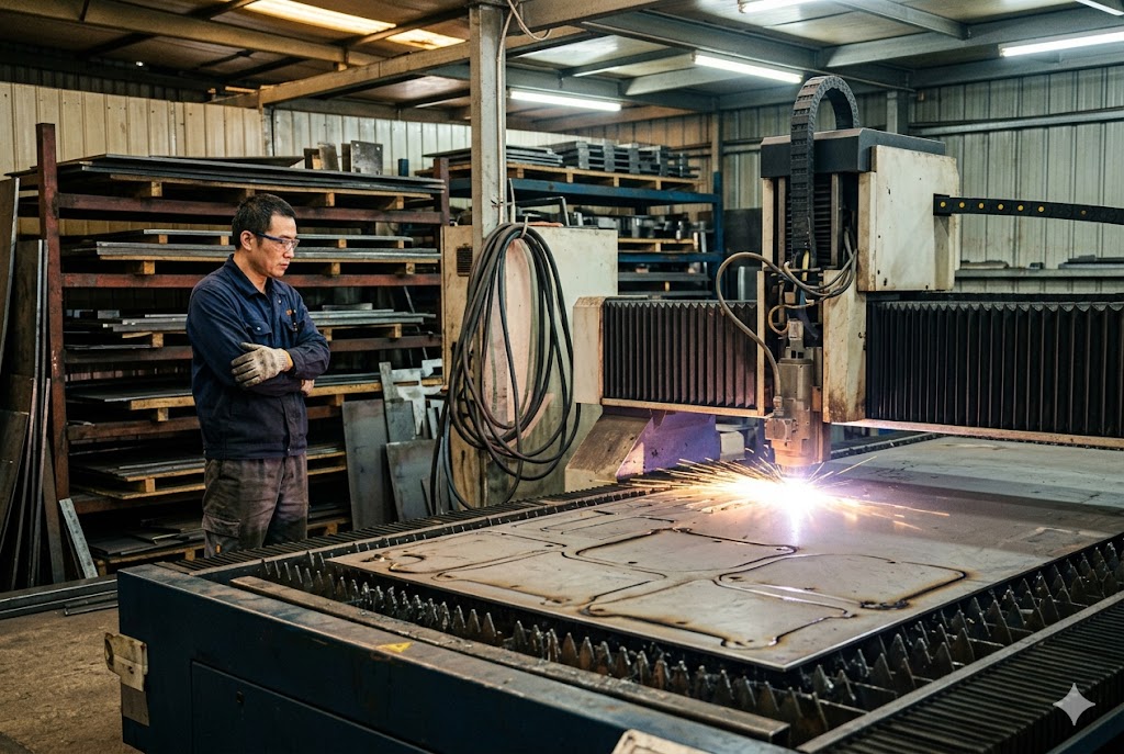 CNC Plasma Cutting Parts Engineer monitoring CNC plasma cutting machine producing custom metal parts (ID#2)