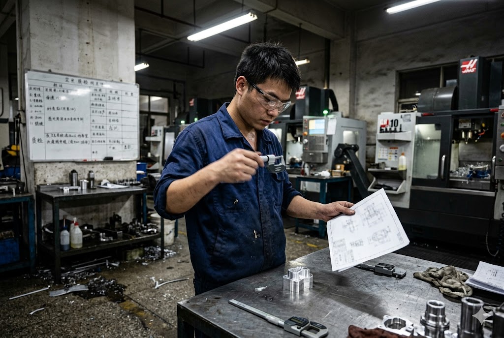 In-Process Quality Control Quality inspector measuring custom mechanical part against engineering drawing in CNC workshop (ID#2)