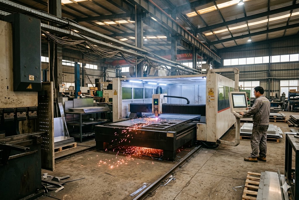 Laser Cutting Factory Operator controlling fiber laser cutting machine for custom metal parts (ID#2)