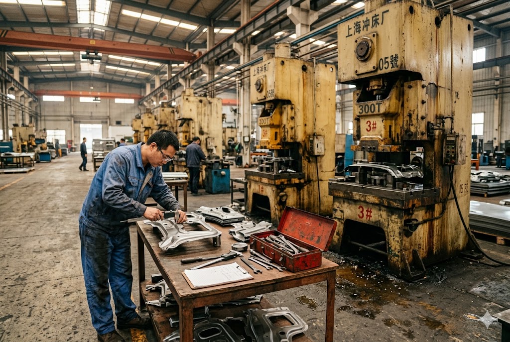 China Custom Parts Supplier Chinese factory technician assembling custom stamped metal parts beside press machines (ID#2)