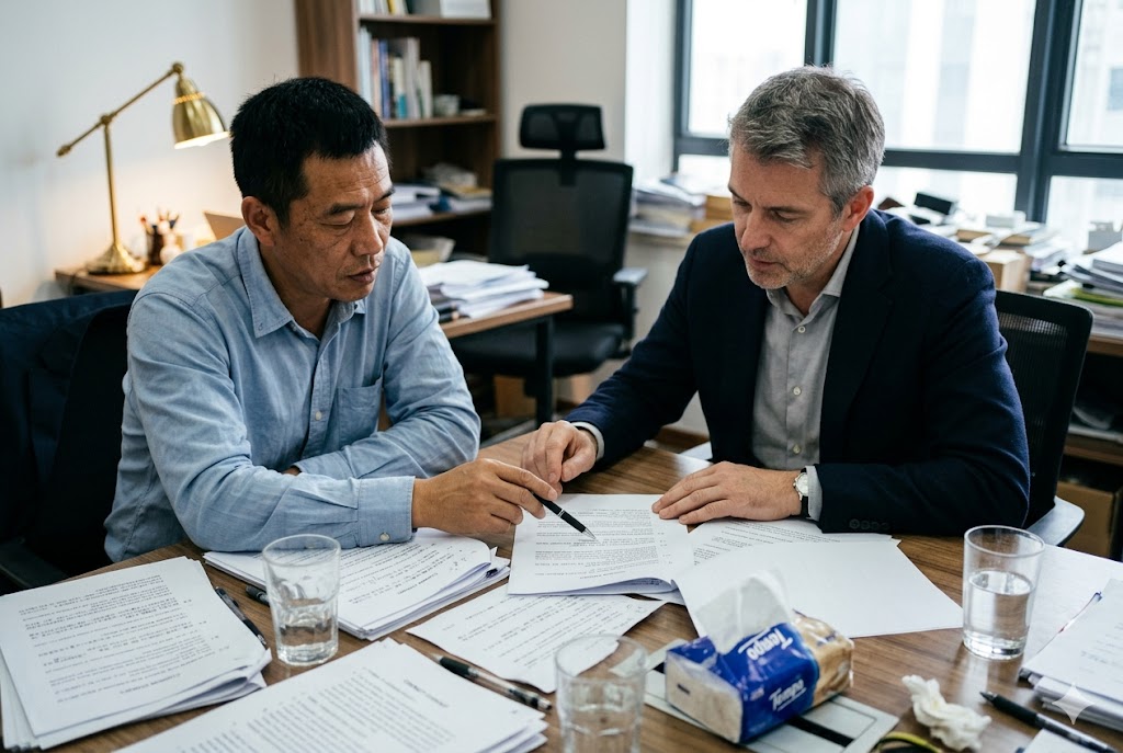 B2B Parts Sourcing Contract Chinese and Western business partners reviewing contract documents for custom parts sourcing (ID#2)