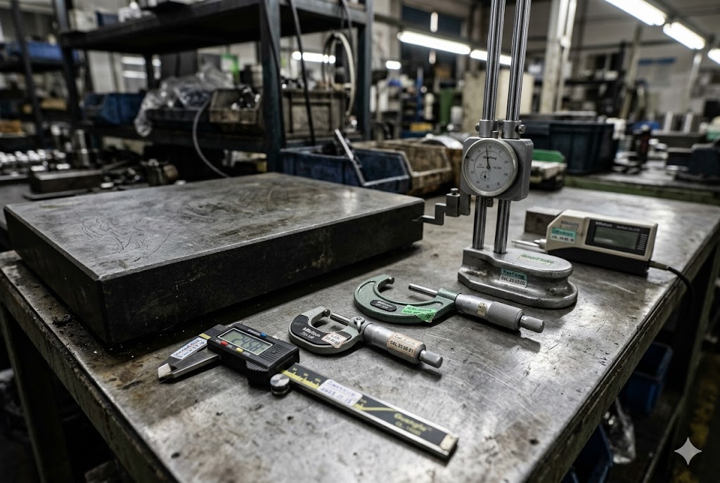 Precision QC Measurement Tools Precision measurement tools including calipers and micrometers on factory QC bench (ID#2)