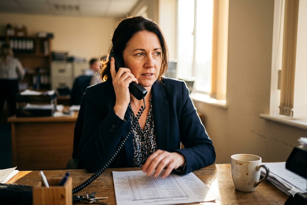 Procurement Call in Action B2B purchasing manager on phone coordinating custom mechanical parts order (ID#2)