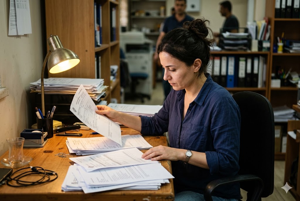 Supplier Quotation Review Procurement officer reviewing supplier quotation documents for custom mechanical parts (ID#2)