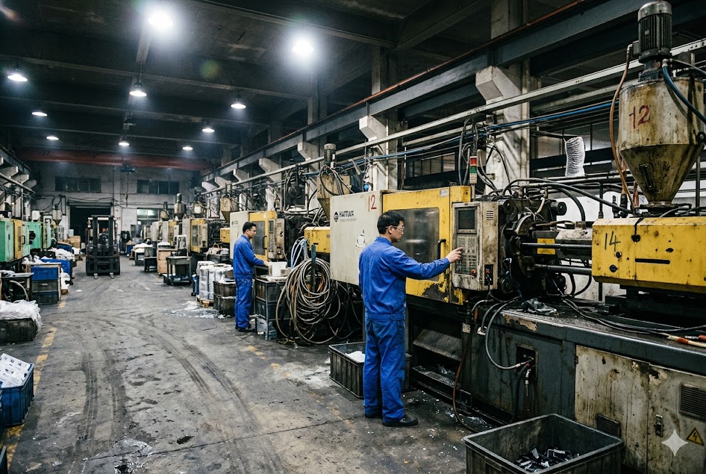 China Parts Manufacturing Chinese factory workers operating injection molding machines for custom parts (ID#2)
