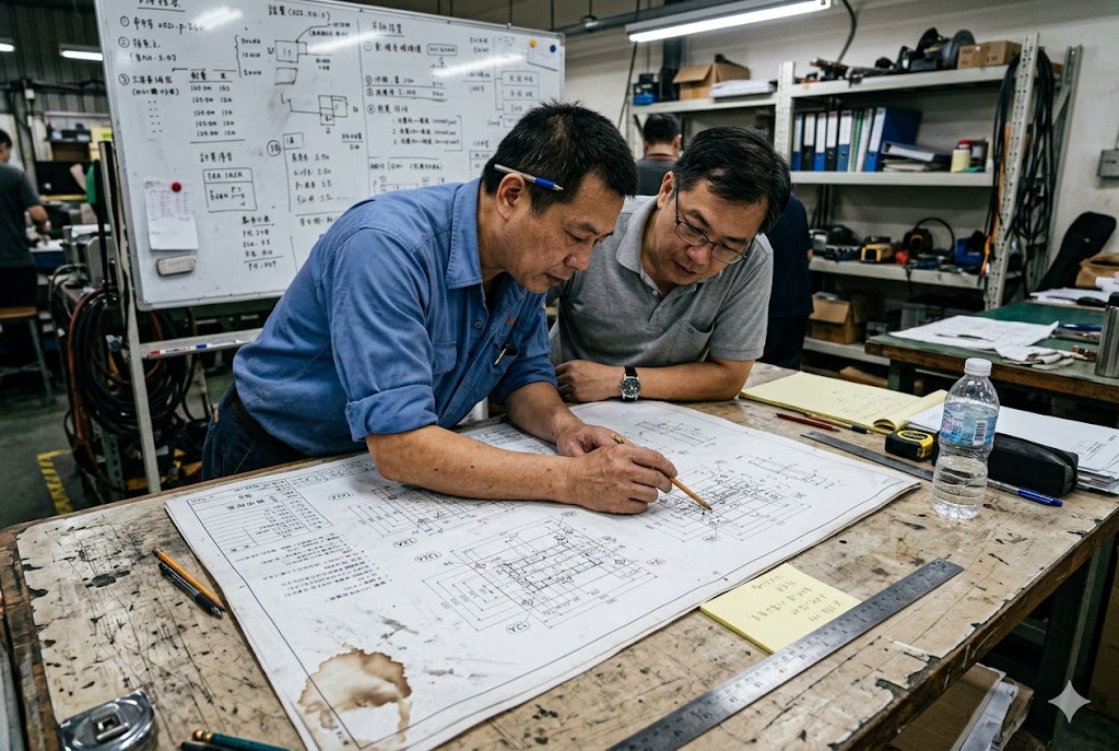 Custom Parts Engineering Engineers reviewing technical drawings for custom mechanical parts manufacturing (ID#2)