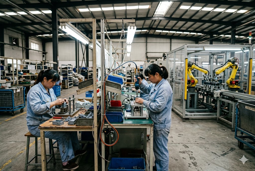 Custom Parts Manufacturing China Vietnam mechanical parts factory workers assembling custom components with robots (ID#2)