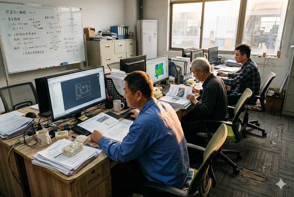 Custom Parts Engineering Engineering team reviewing CAD drawings and thermal analysis for custom parts (ID#2)
