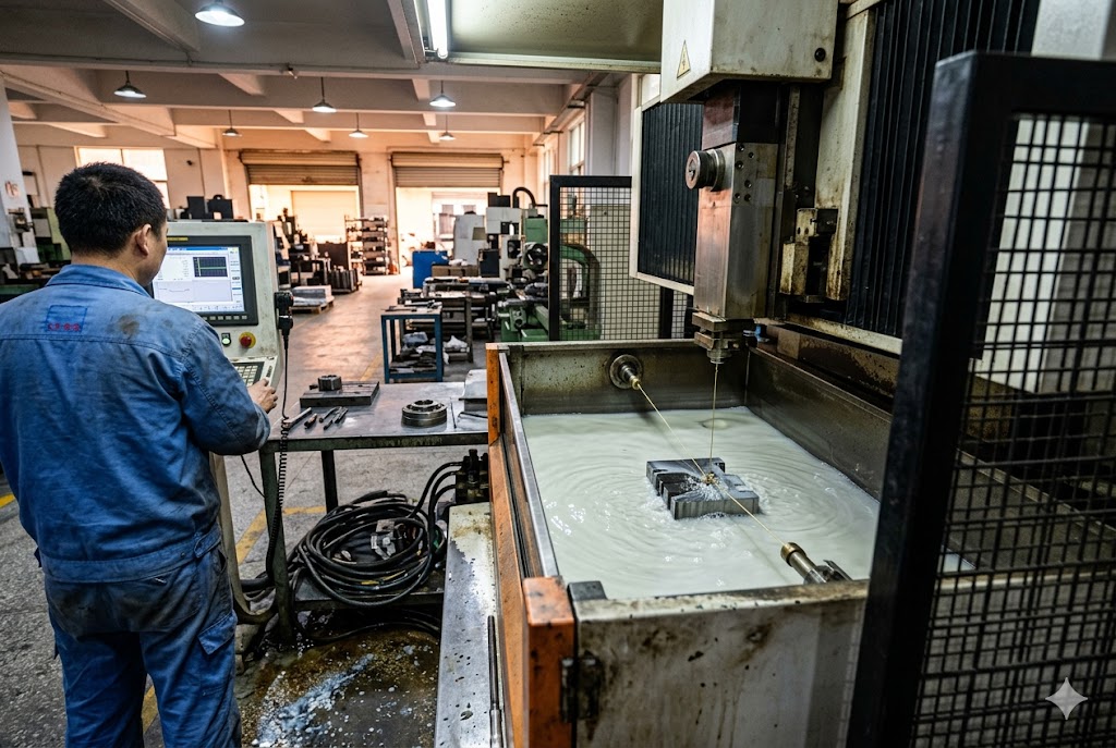 CNC Factory Floor Operations Technician operating EDM wire cutting machine in custom parts factory (ID#2)