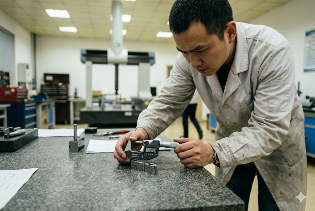 Precision Quality Inspection Quality inspector measuring custom mechanical part with digital micrometer in lab (ID#2)