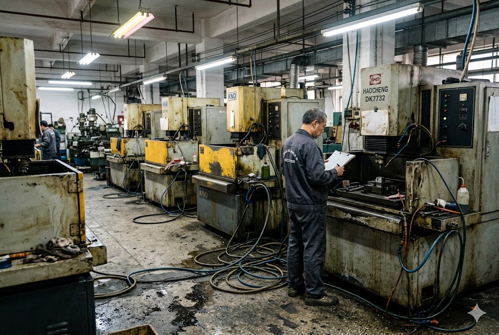 EDM Factory Quality Inspection Chinese factory worker inspecting EDM machining equipment with clipboard (ID#2)