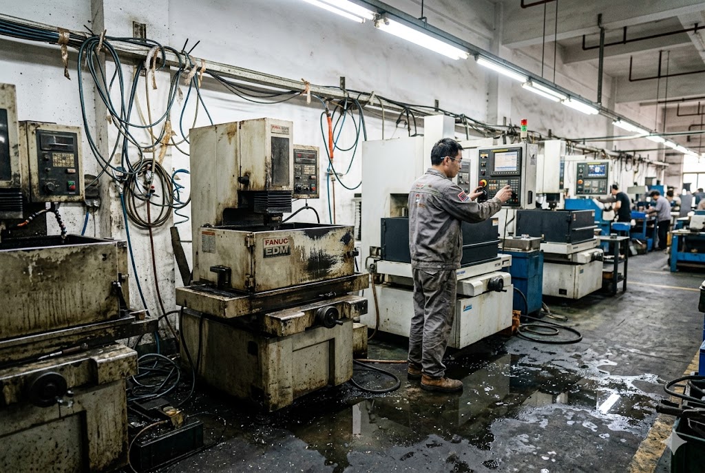 CNC EDM Machining Factory Technician operating Fanuc EDM CNC machine in custom mechanical parts factory (ID#2)