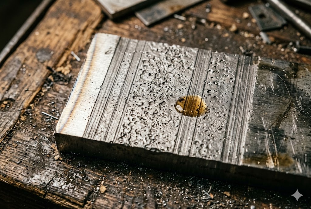 CNC Milled Steel Block Freshly milled steel block with metal shavings on workshop bench (ID#2)
