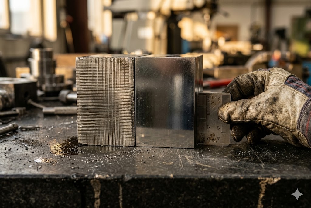 Metal Surface QC Check Technician checking surface roughness of machined metal block with gloved hand (ID#2)