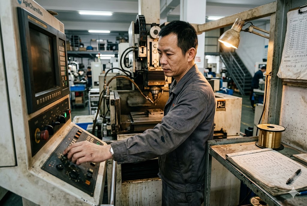 CNC Precision Machining Expert Skilled technician operating CNC EDM machine in custom parts manufacturing facility (ID#2)