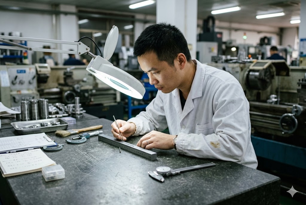 Precision Parts Quality Inspection Quality inspector examining custom mechanical parts under magnifier lamp in CNC factory (ID#2)