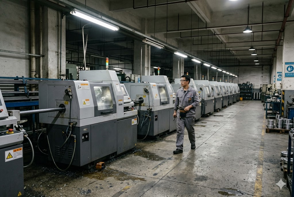 CNC Factory Floor Inspection Technician inspecting CNC lathe row in custom mechanical parts factory (ID#2)